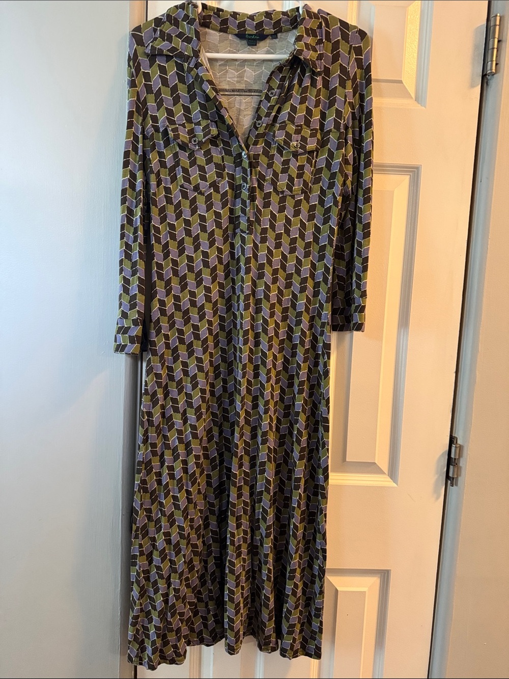 Boden Olive and Purple Geometric Long-Sleeve Maxi Dress